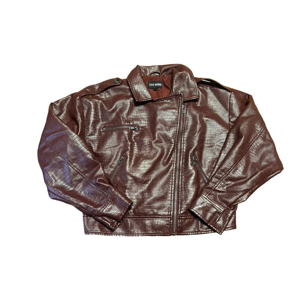 Steve Madden Womens Moto Jacket XS Burgundy Faux Leather Crocodile Embossed